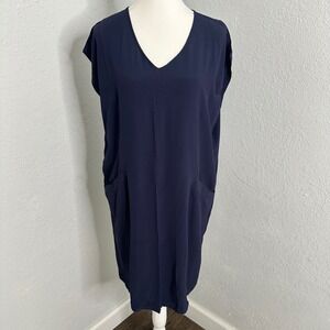 Eileen Fisher Navy Blue V Neck‎ Cap Sleeve Knee Length Pocket Dress XS TP